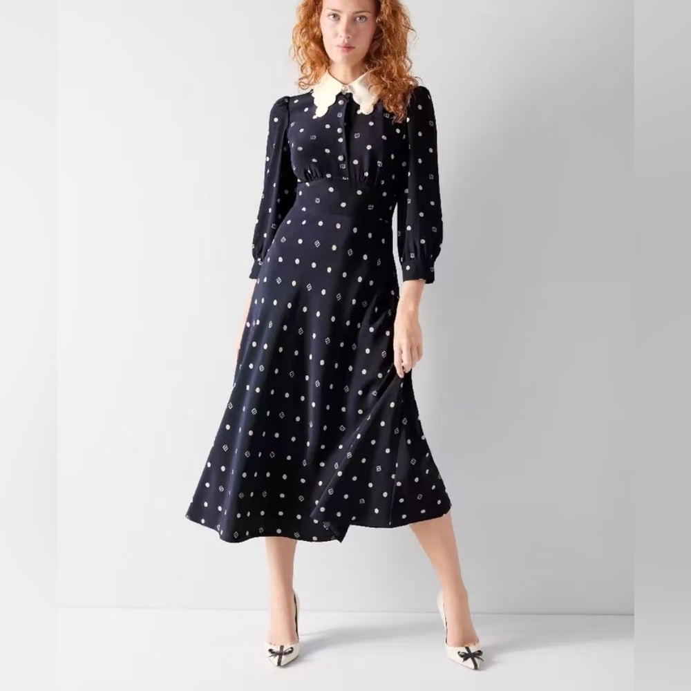 LK Bennett Enya Contrast Long Sleeve Silk Maxi Dress - Picture 2 of 13